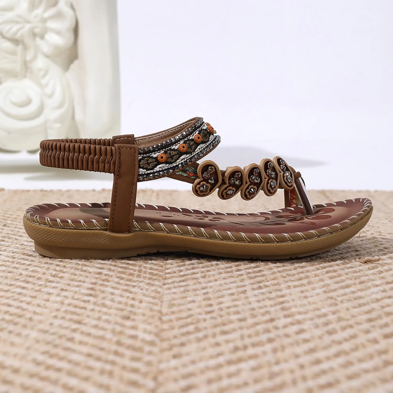 Adjustable Strap Flat Sandals for Women Rhinestone Open Toe Slip on Casual Sandal Non Slip Outdoor Sandals