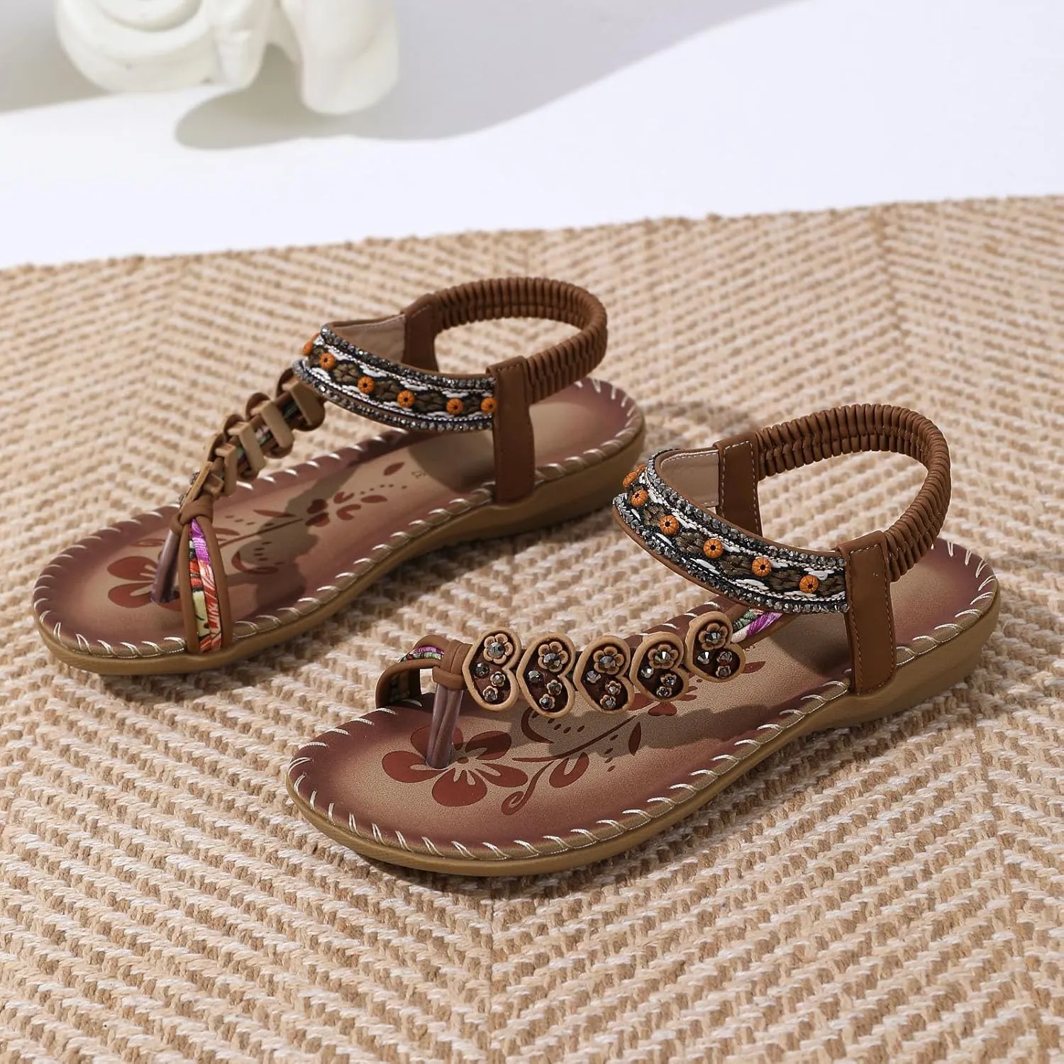 Adjustable Strap Flat Sandals for Women Rhinestone Open Toe Slip on Casual Sandal Non Slip Outdoor Sandals