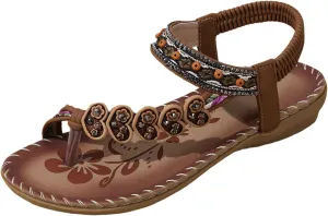 Adjustable Strap Flat Sandals for Women Rhinestone Open Toe Slip on Casual Sandal Non Slip Outdoor Sandals