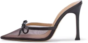 Agodor Mesh Heeled Mules for Women Slingback Stilettos High Heels Pumps Pointed Close Toe Slip On Bow Tie Dress Slide Sandals