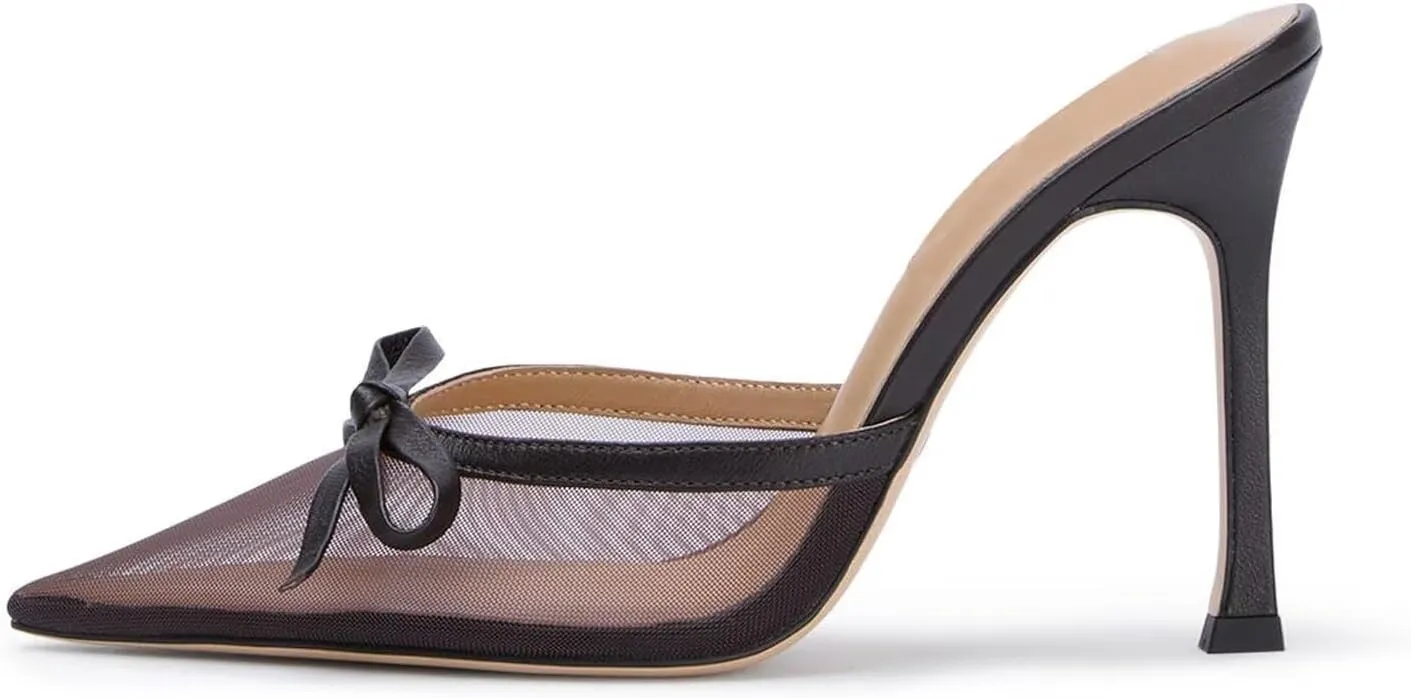 Agodor Mesh Heeled Mules for Women Slingback Stilettos High Heels Pumps Pointed Close Toe Slip On Bow Tie Dress Slide Sandals