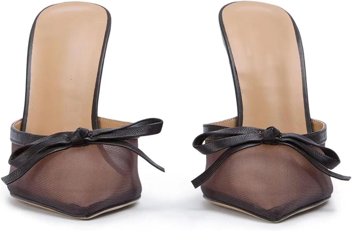 Agodor Mesh Heeled Mules for Women Slingback Stilettos High Heels Pumps Pointed Close Toe Slip On Bow Tie Dress Slide Sandals
