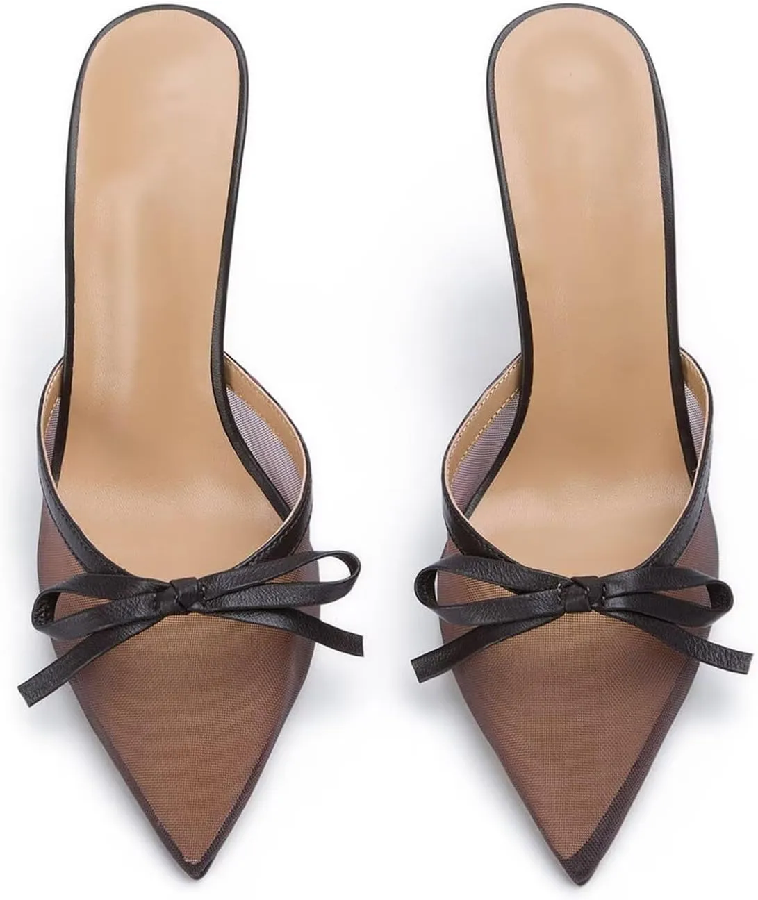 Agodor Mesh Heeled Mules for Women Slingback Stilettos High Heels Pumps Pointed Close Toe Slip On Bow Tie Dress Slide Sandals