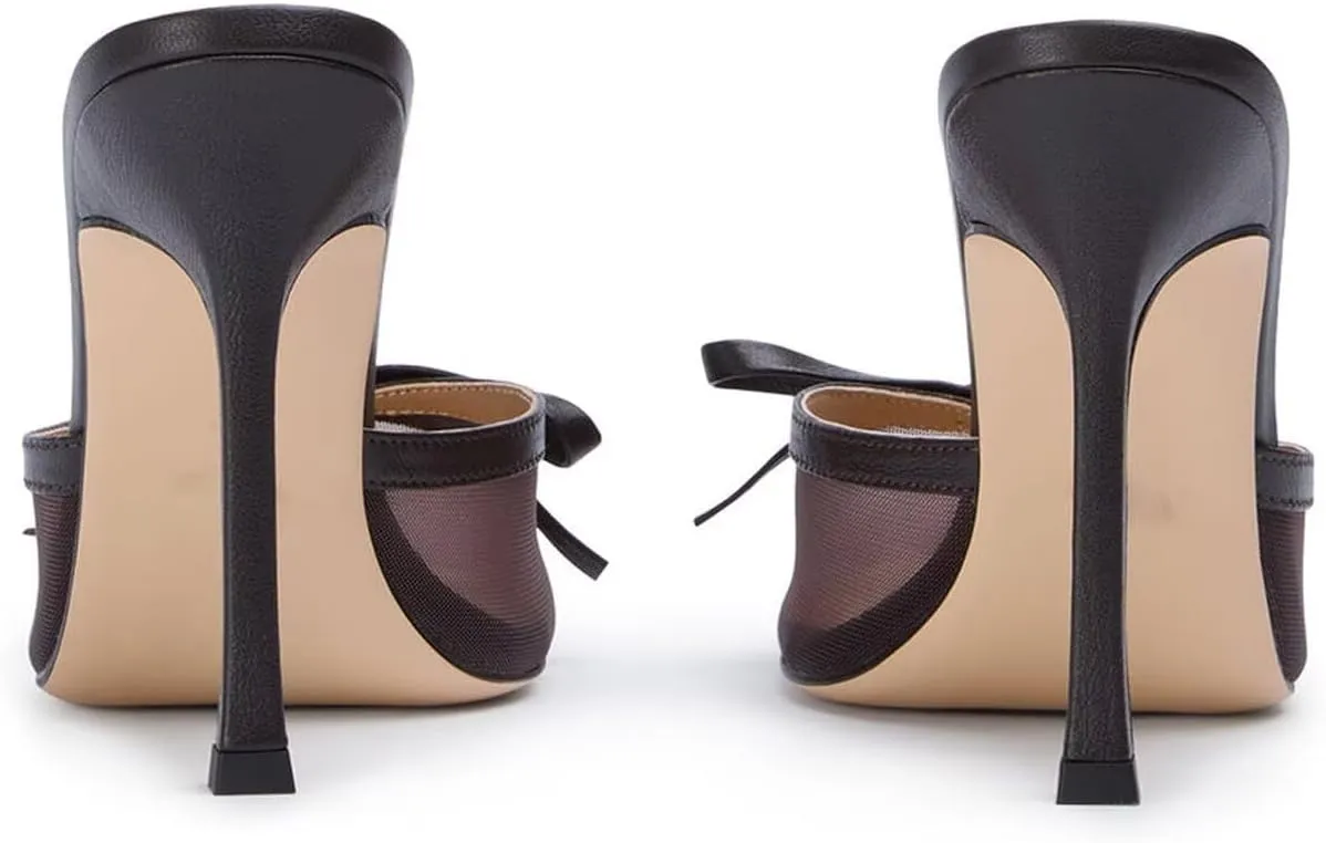 Agodor Mesh Heeled Mules for Women Slingback Stilettos High Heels Pumps Pointed Close Toe Slip On Bow Tie Dress Slide Sandals