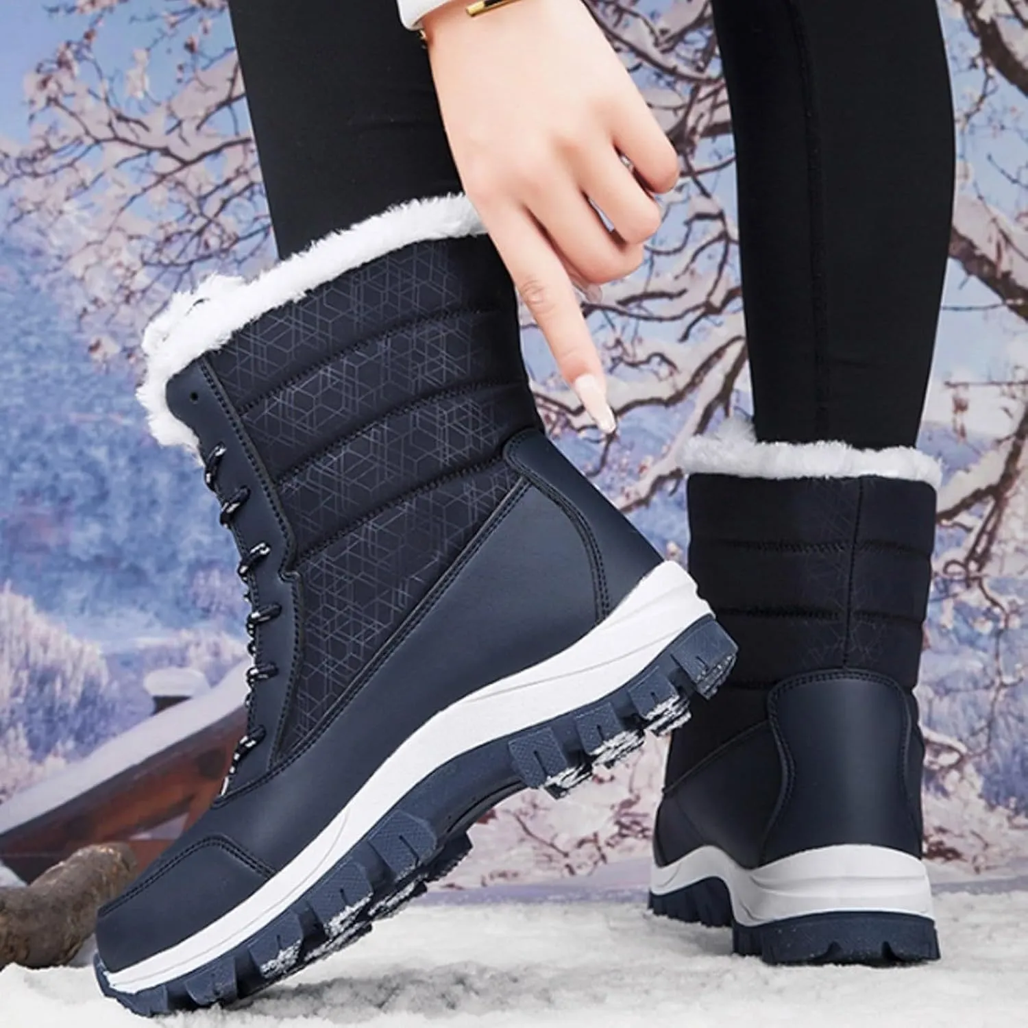 AMDBEL Snow Boots for Women Winter Waterproof Warm Fur Lined Mid Calf Booties Outdoor Anti-Slip Ankle Boots Walking Ski Shoes