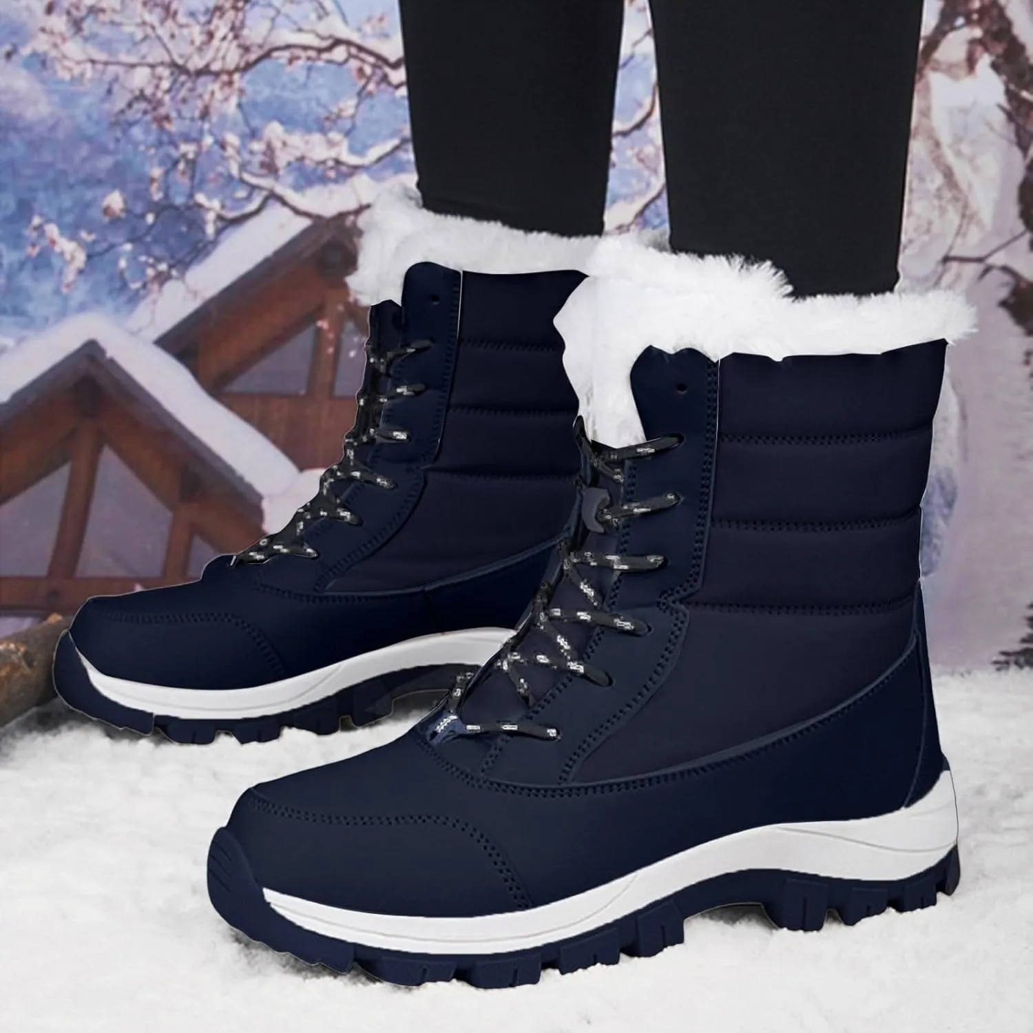 AMDBEL Snow Boots for Women Winter Waterproof Warm Fur Lined Mid Calf Booties Outdoor Anti-Slip Ankle Boots Walking Ski Shoes