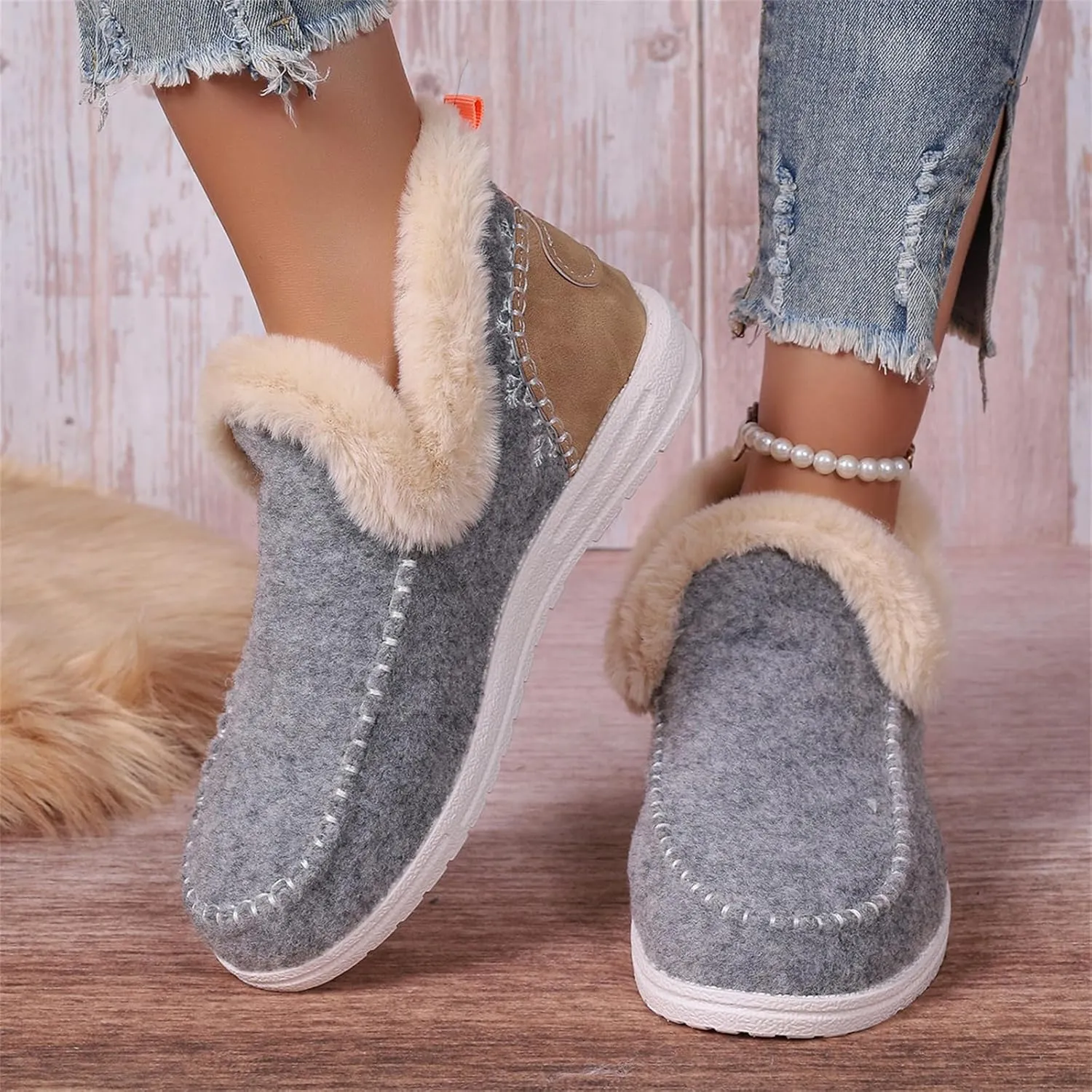 Ankle Boots For Women Comfy Winter Snow Boots Slip on Warm Comfortable Outdoor Fur Lined Thickening Loafers Shoes