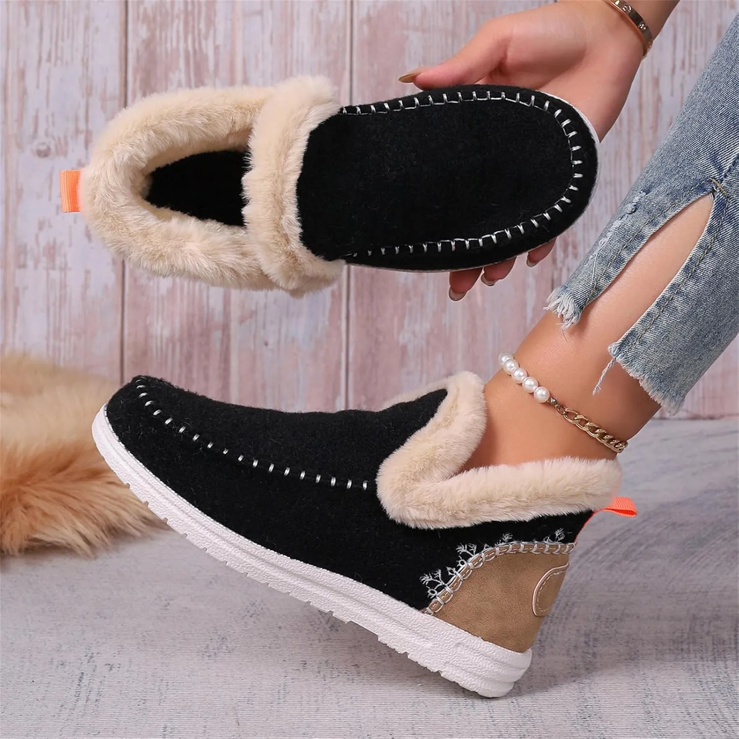Ankle Boots For Women Comfy Winter Snow Boots Slip on Warm Comfortable Outdoor Fur Lined Thickening Loafers Shoes
