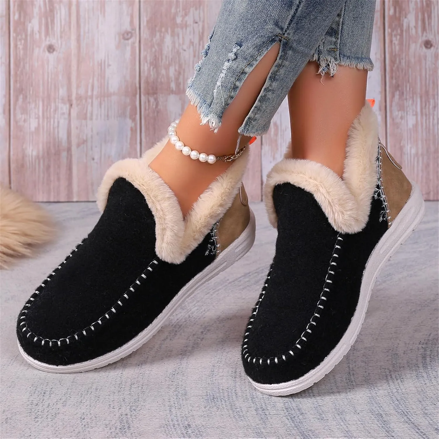 Ankle Boots For Women Comfy Winter Snow Boots Slip on Warm Comfortable Outdoor Fur Lined Thickening Loafers Shoes