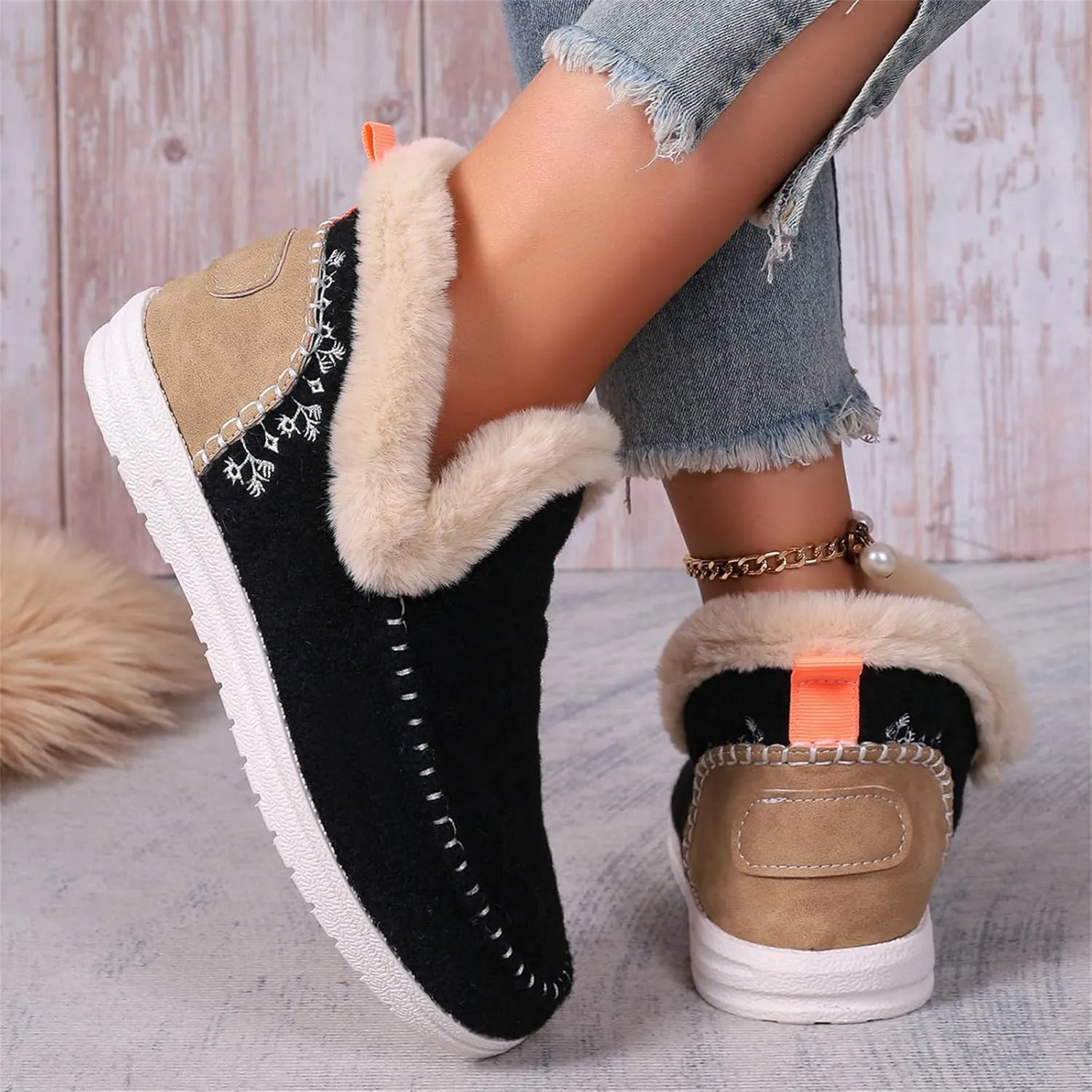 Ankle Boots For Women Comfy Winter Snow Boots Slip on Warm Comfortable Outdoor Fur Lined Thickening Loafers Shoes