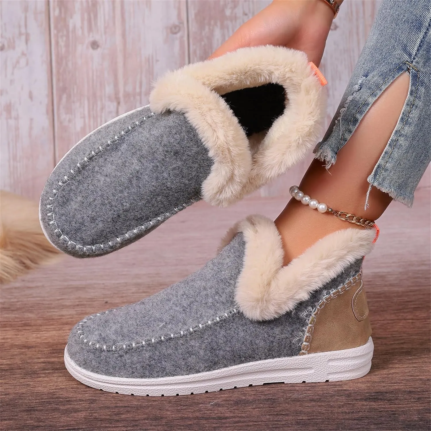 Ankle Boots For Women Comfy Winter Snow Boots Slip on Warm Comfortable Outdoor Fur Lined Thickening Loafers Shoes