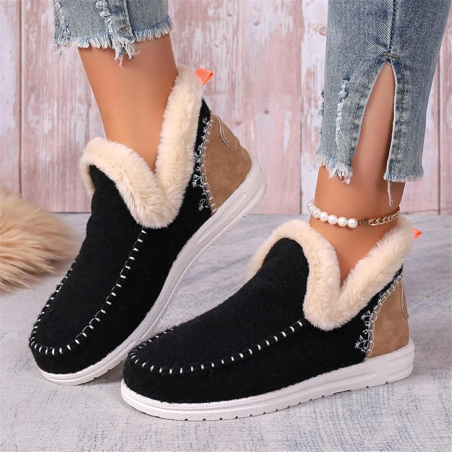 Ankle Boots For Women Comfy Winter Snow Boots Slip on Warm Comfortable Outdoor Fur Lined Thickening Loafers Shoes