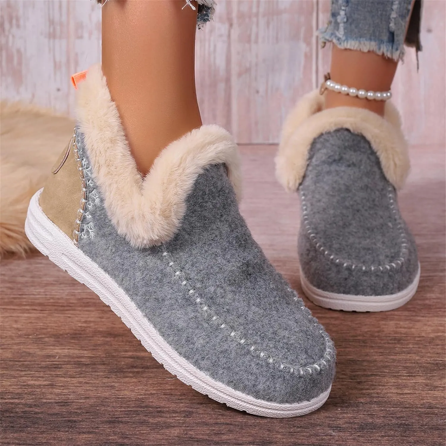 Ankle Boots For Women Comfy Winter Snow Boots Slip on Warm Comfortable Outdoor Fur Lined Thickening Loafers Shoes