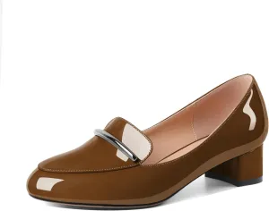 AUMOTED Women Low Block Chunky Heel Pumps Round Toe Slip On 1.5" Closed Toe Loafer Heels Chunky Office Dress Shoes
