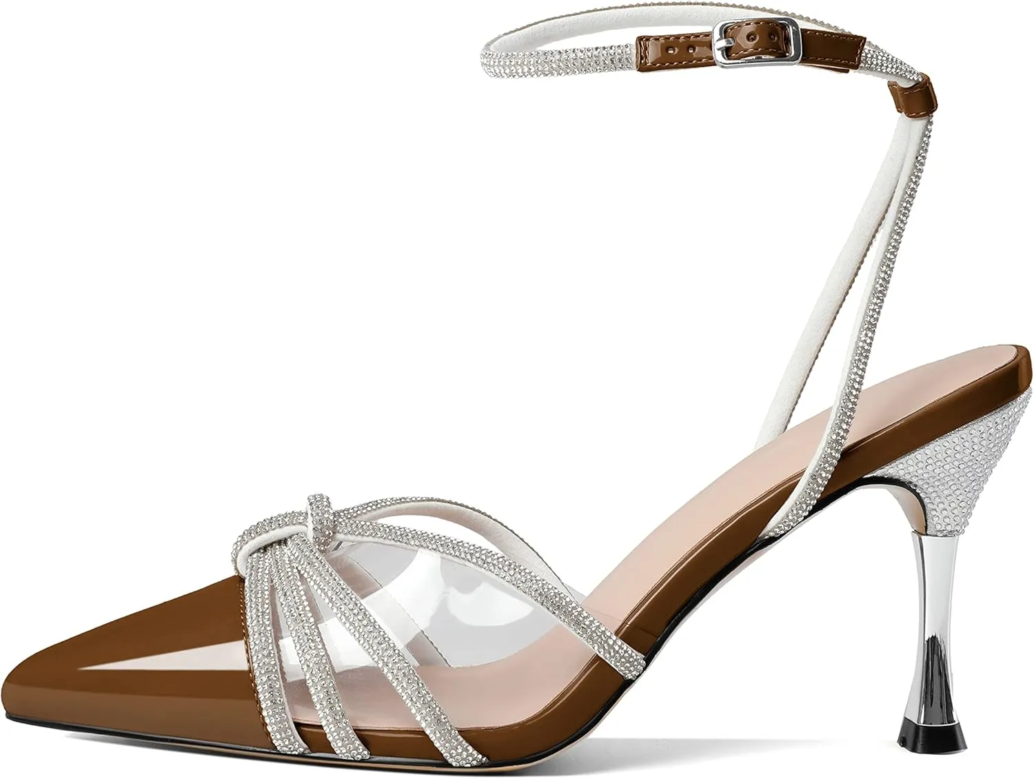 AUMOTED Women's Stiletto High Heel Pumps Ladies Clear Heels Patent Pointed Toe Pumps Crystal Rhinestones Ankle Strap Wedding Bridal Dress Heeled Sandals 3.4 Inch