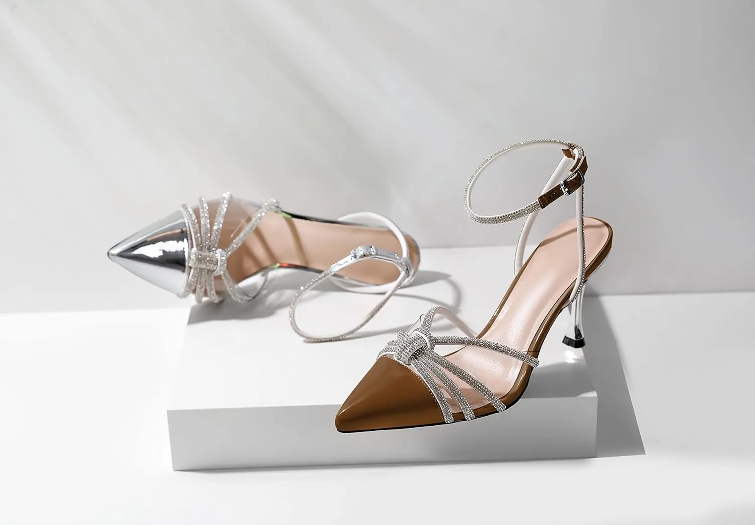 AUMOTED Women's Stiletto High Heel Pumps Ladies Clear Heels Patent Pointed Toe Pumps Crystal Rhinestones Ankle Strap Wedding Bridal Dress Heeled Sandals 3.4 Inch