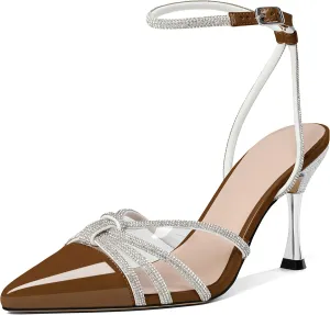 AUMOTED Women's Stiletto High Heel Pumps Ladies Clear Heels Patent Pointed Toe Pumps Crystal Rhinestones Ankle Strap Wedding Bridal Dress Heeled Sandals 3.4 Inch