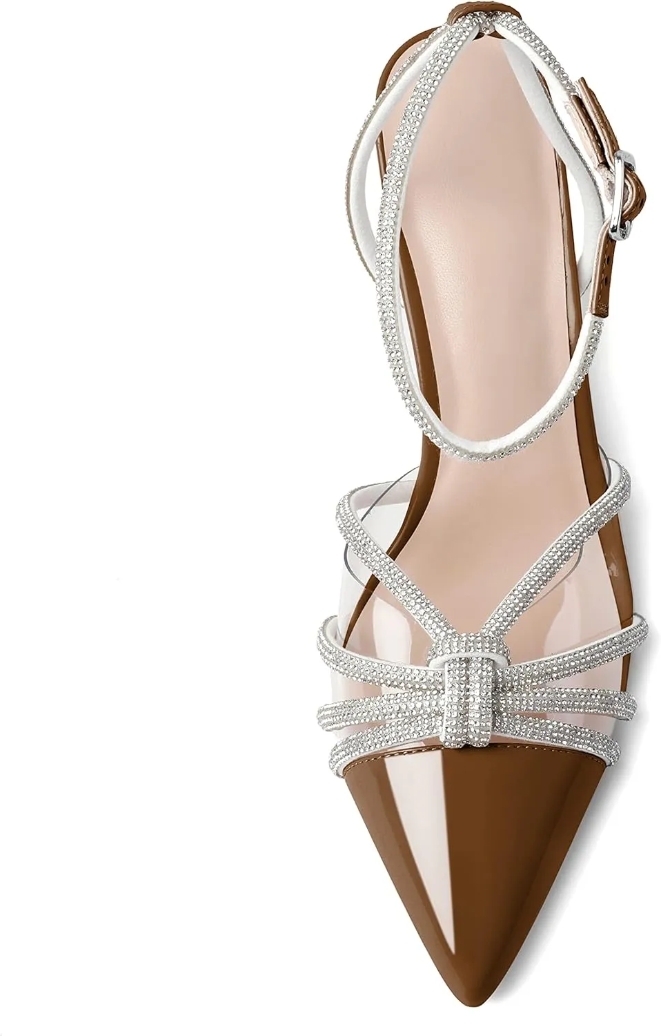 AUMOTED Women's Stiletto High Heel Pumps Ladies Clear Heels Patent Pointed Toe Pumps Crystal Rhinestones Ankle Strap Wedding Bridal Dress Heeled Sandals 3.4 Inch