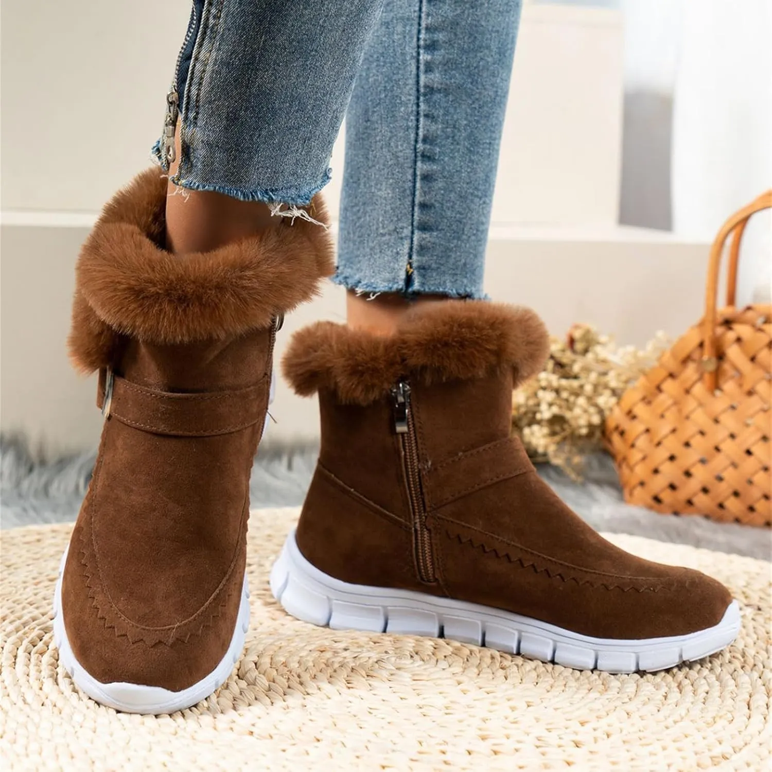 Booties For Women 2024 Snow Winter Warm Ankle Boots Slip On Outdoor Fur Lined Comfort Fashion Casual Loafers Shoes
