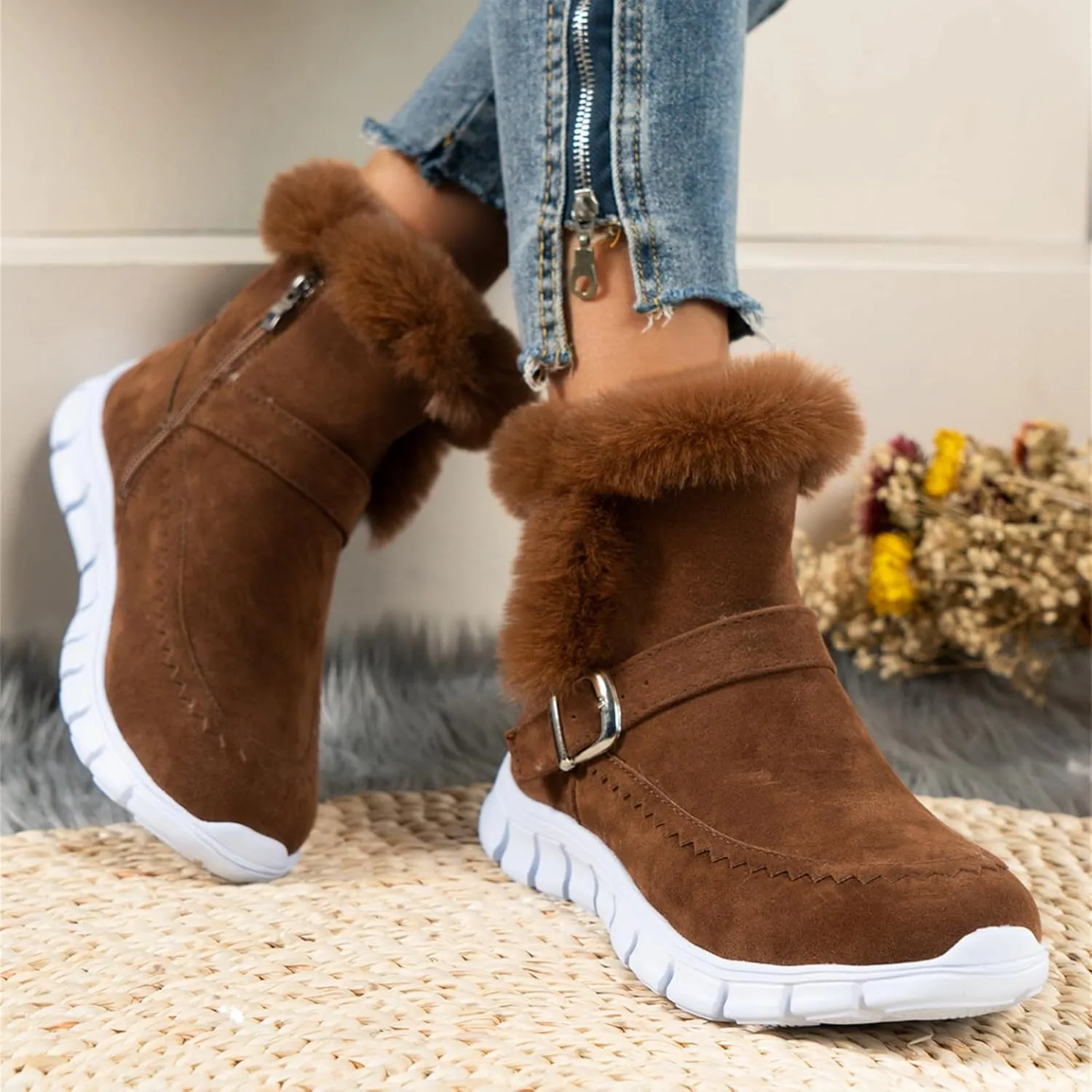 Booties For Women 2024 Snow Winter Warm Ankle Boots Slip On Outdoor Fur Lined Comfort Fashion Casual Loafers Shoes