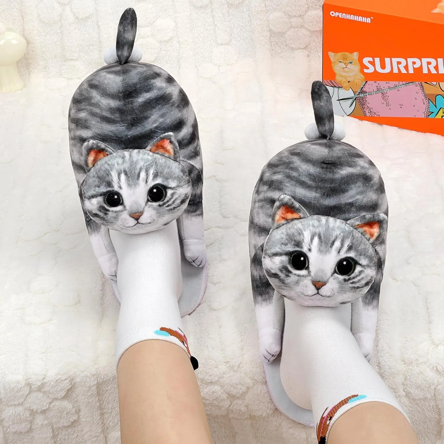 Cat Slippers for Women, Cute Fuzzy Animal Slippers For Indoor and Outdoor, Comfy Non-Slip Memory Foam Sole, Funny Cat Lover Gifts for Women