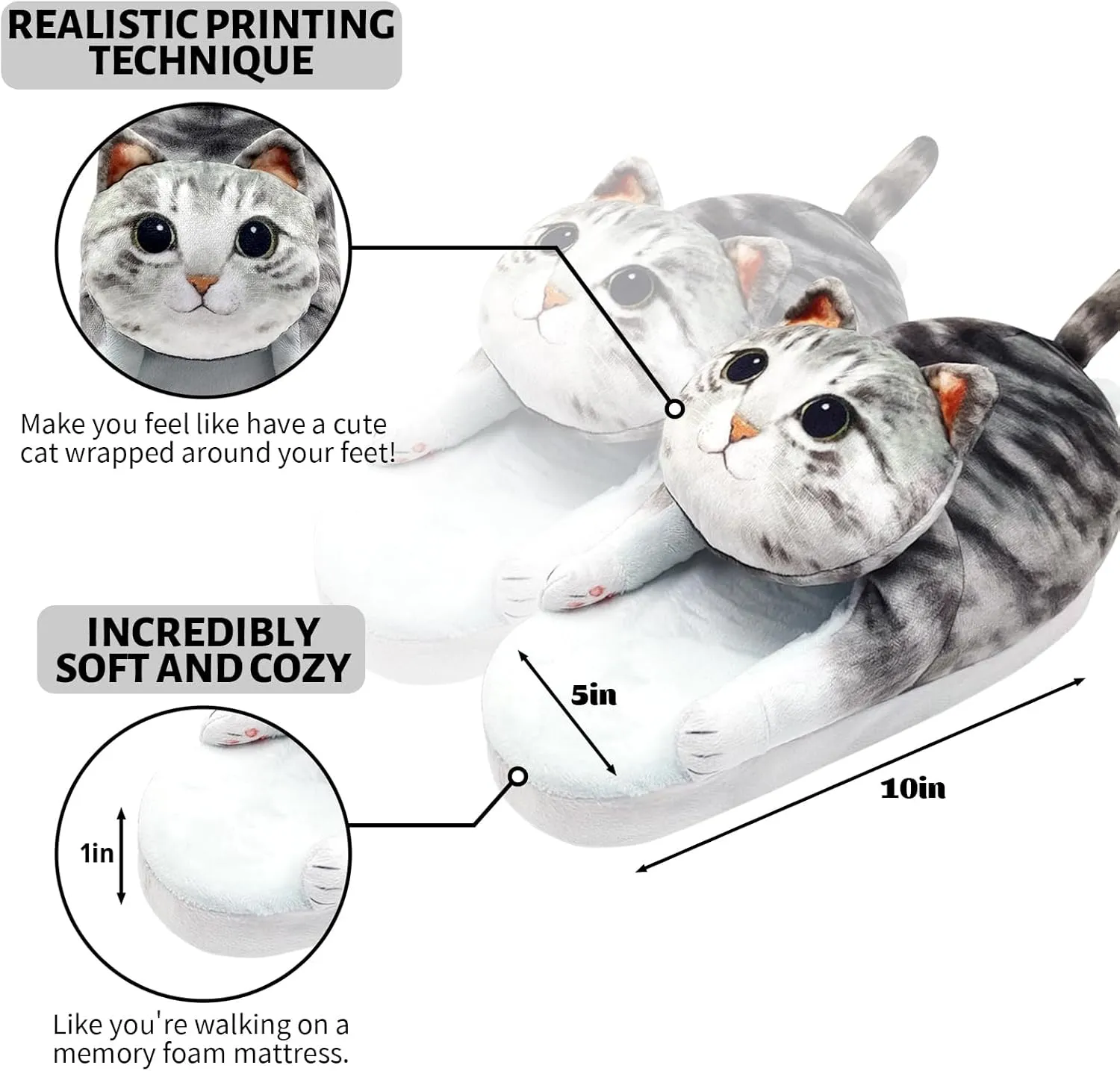 Cat Slippers for Women, Cute Fuzzy Animal Slippers For Indoor and Outdoor, Comfy Non-Slip Memory Foam Sole, Funny Cat Lover Gifts for Women