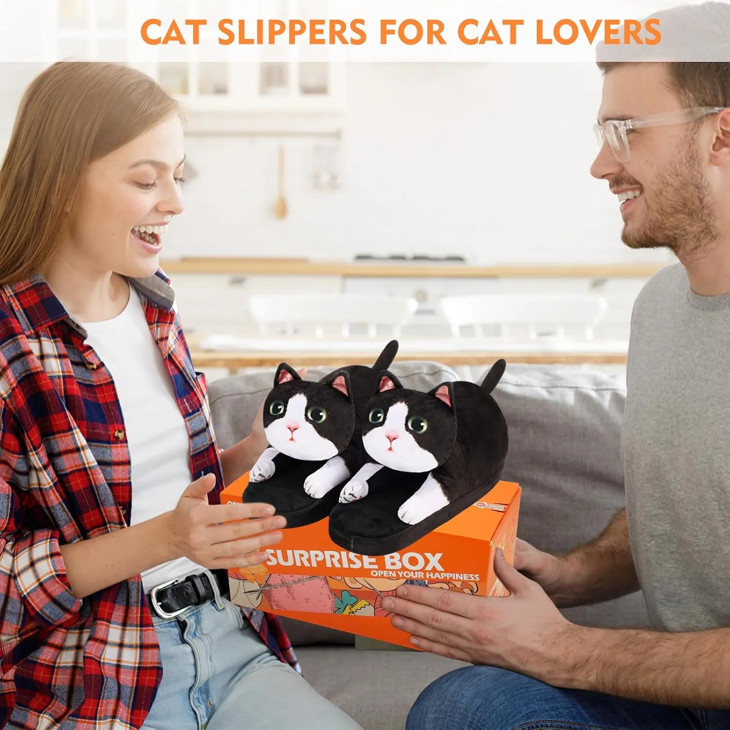 Cat Slippers for Women, Cute Fuzzy Animal Slippers For Indoor and Outdoor, Comfy Non-Slip Memory Foam Sole, Funny Cat Lover Gifts for Women