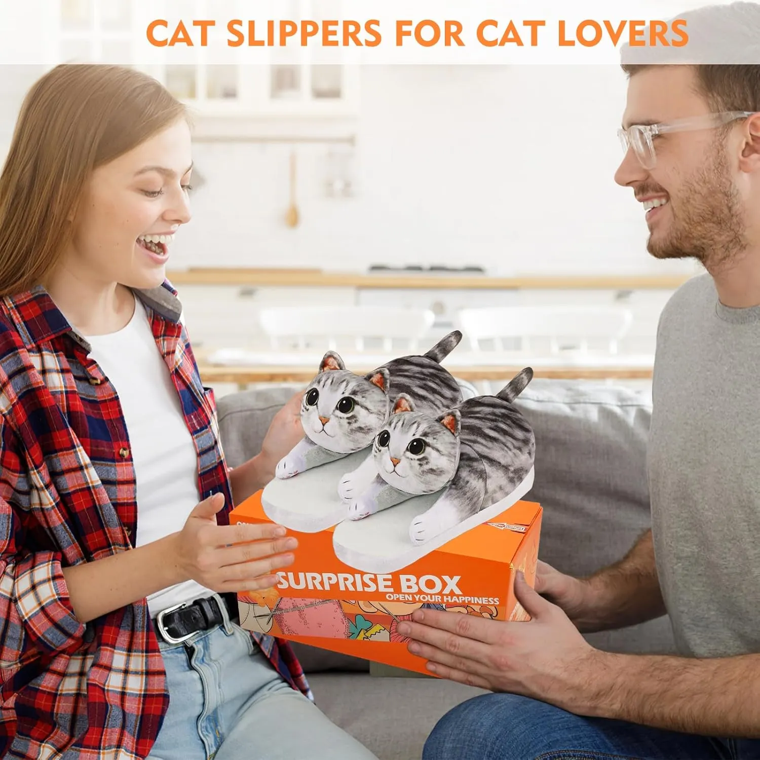 Cat Slippers for Women, Cute Fuzzy Animal Slippers For Indoor and Outdoor, Comfy Non-Slip Memory Foam Sole, Funny Cat Lover Gifts for Women