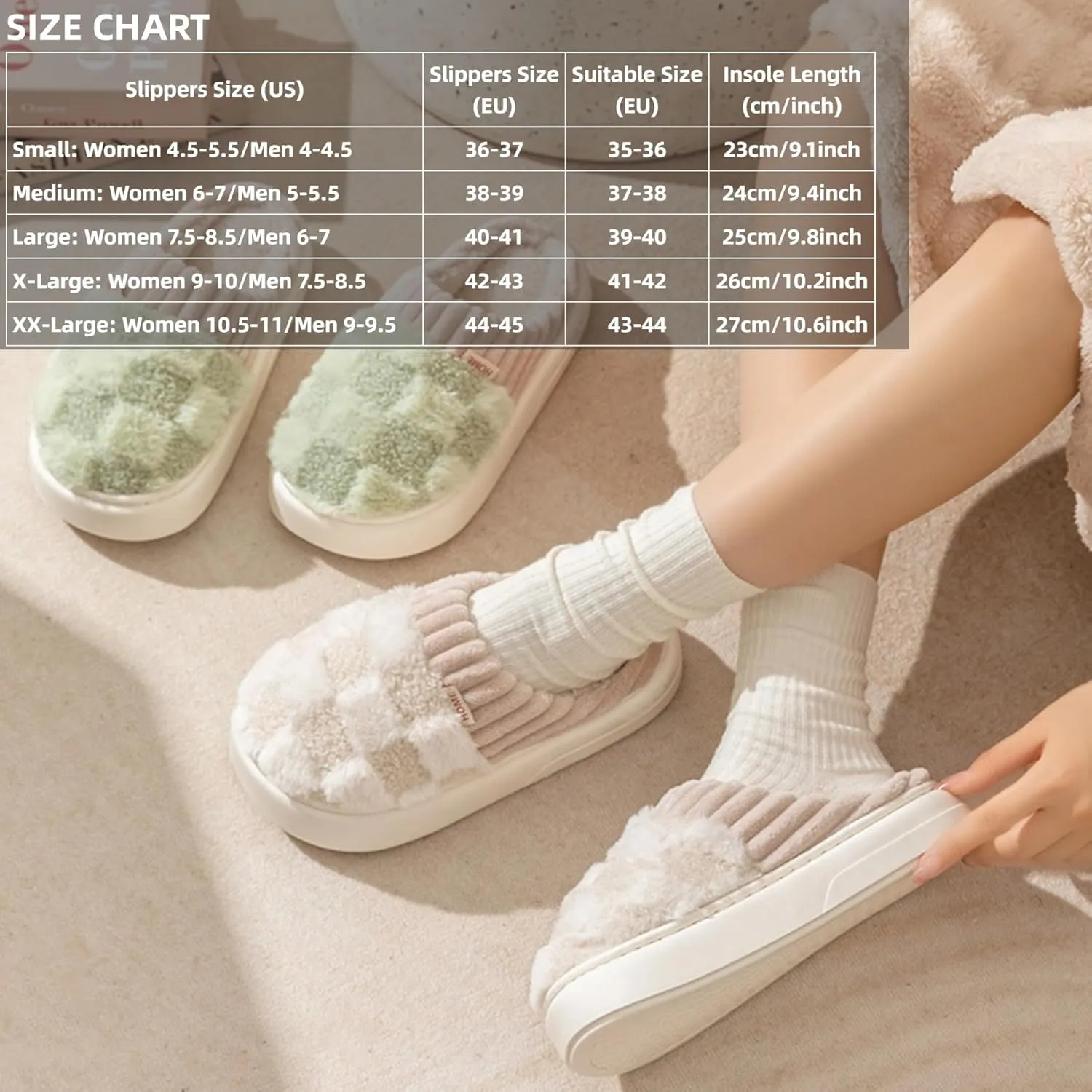 Checkered Slippers for Women Men Indoor Warm Cozy Winter Fuzzy Slippers Unisex Plush Plaid Home Bedroom House Shoes Slip On Non-Slip