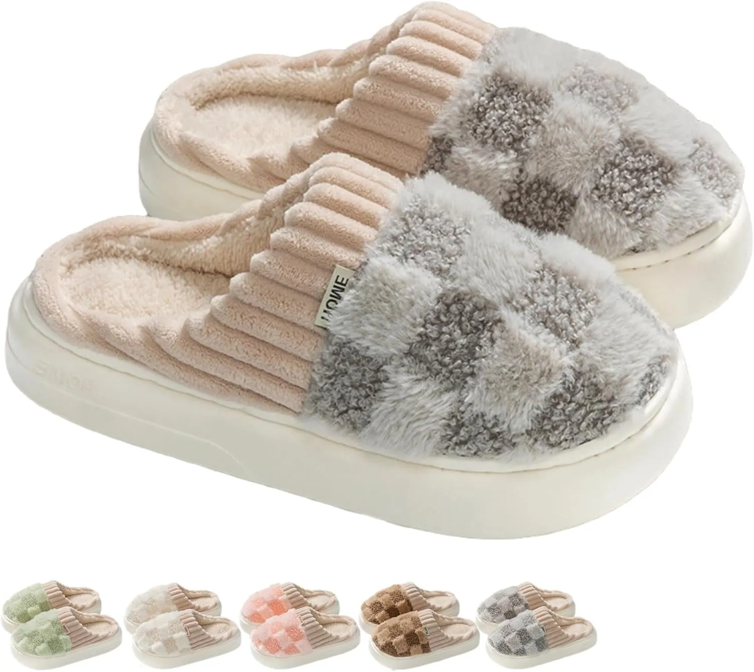 Checkered Slippers for Women Men Indoor Warm Cozy Winter Fuzzy Slippers Unisex Plush Plaid Home Bedroom House Shoes Slip On Non-Slip
