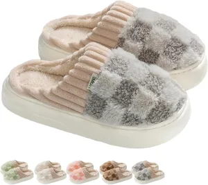 Checkered Slippers for Women Men Indoor Warm Cozy Winter Fuzzy Slippers Unisex Plush Plaid Home Bedroom House Shoes Slip On Non-Slip