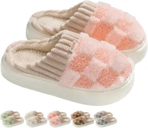 Checkered Slippers for Women Men Indoor Warm Cozy Winter Fuzzy Slippers Unisex Plush Plaid Home Bedroom House Shoes Slip On Non-Slip