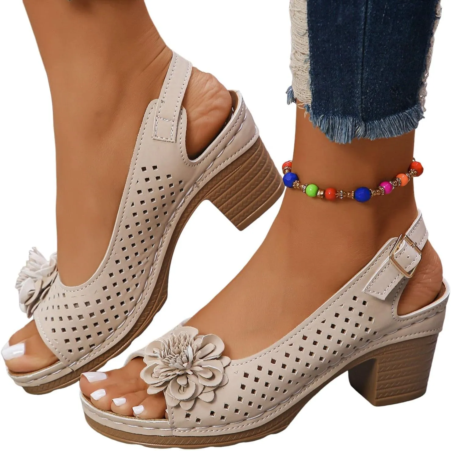 Chunky Block Low Heel Sandals for Women 2025 Open Toe Hollow Out Non Slip Sandals with Floral Decor Comfort Adjustable Ankle Strap Shoes for Daily Wear Lightweight Platform Wedge Shoes