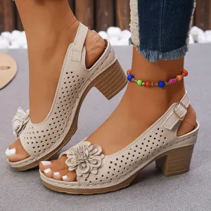 Chunky Block Low Heel Sandals for Women 2025 Open Toe Hollow Out Non Slip Sandals with Floral Decor Comfort Adjustable Ankle Strap Shoes for Daily Wear Lightweight Platform Wedge Shoes