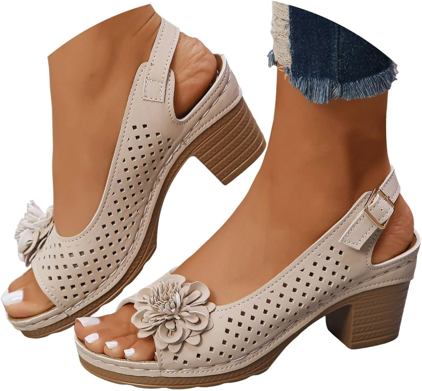 Chunky Block Low Heel Sandals for Women 2025 Open Toe Hollow Out Non Slip Sandals with Floral Decor Comfort Adjustable Ankle Strap Shoes for Daily Wear Lightweight Platform Wedge Shoes