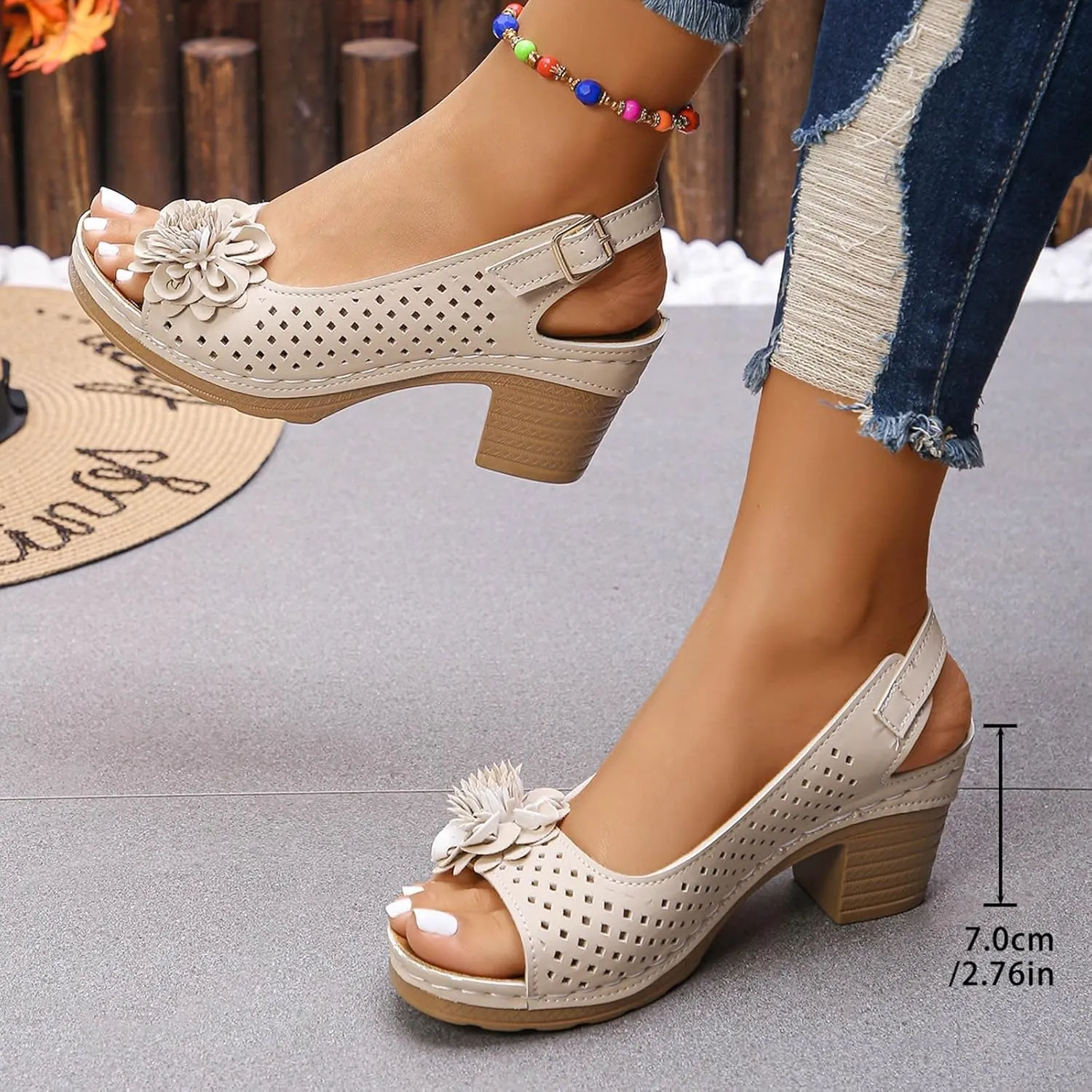 Chunky Block Low Heel Sandals for Women 2025 Open Toe Hollow Out Non Slip Sandals with Floral Decor Comfort Adjustable Ankle Strap Shoes for Daily Wear Lightweight Platform Wedge Shoes