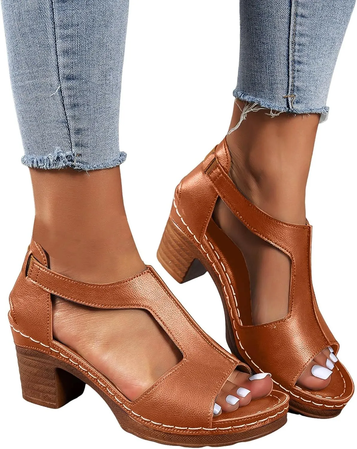 Chunky Heel for Women Dressy,Fashion Summer Side Hollow Block Heels Comfortable Open Toe Strappy Sandals Ankle Strap Stacked Platform Heels Slip On Mules Wedges Heels for Women Sandals