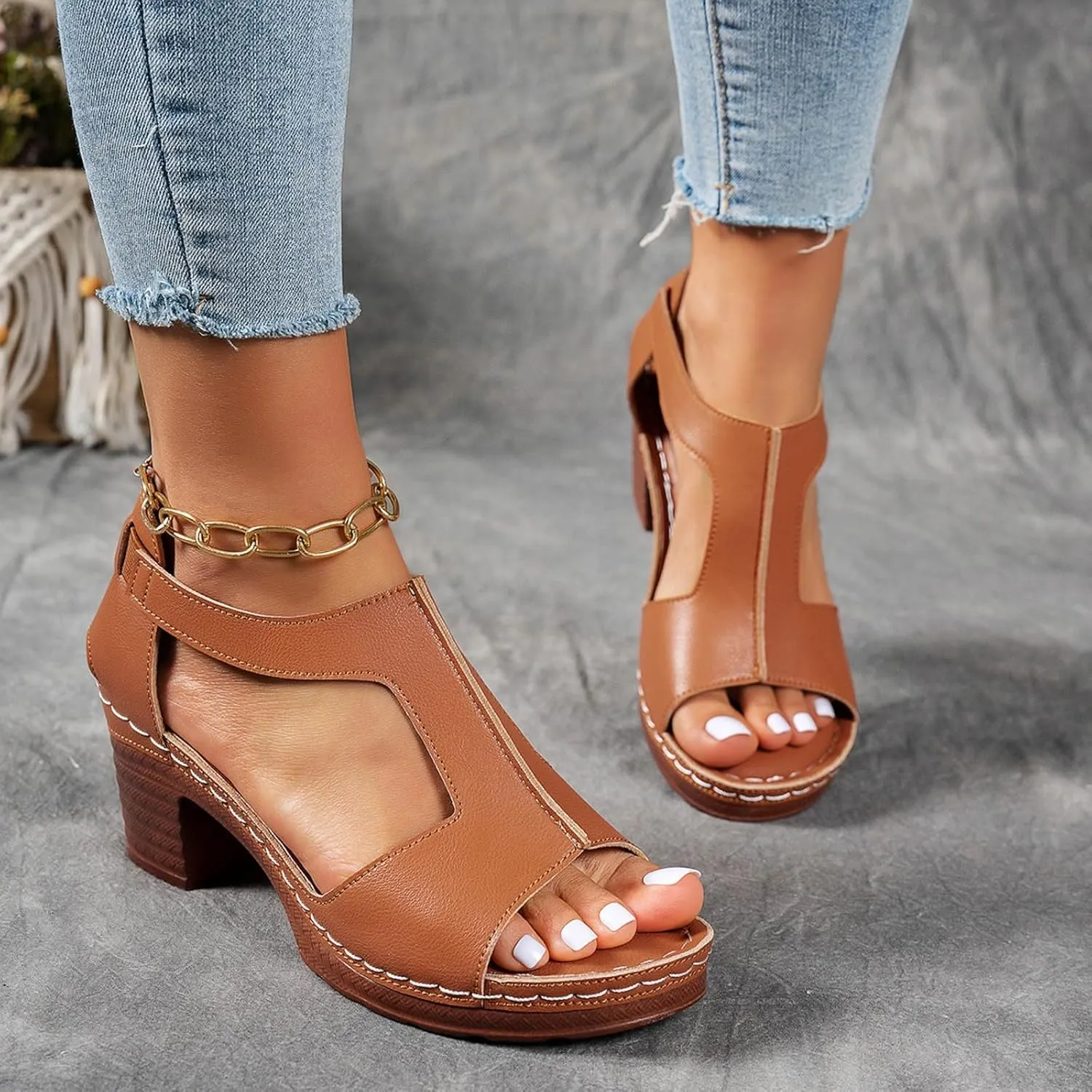 Chunky Heel for Women Dressy,Fashion Summer Side Hollow Block Heels Comfortable Open Toe Strappy Sandals Ankle Strap Stacked Platform Heels Slip On Mules Wedges Heels for Women Sandals