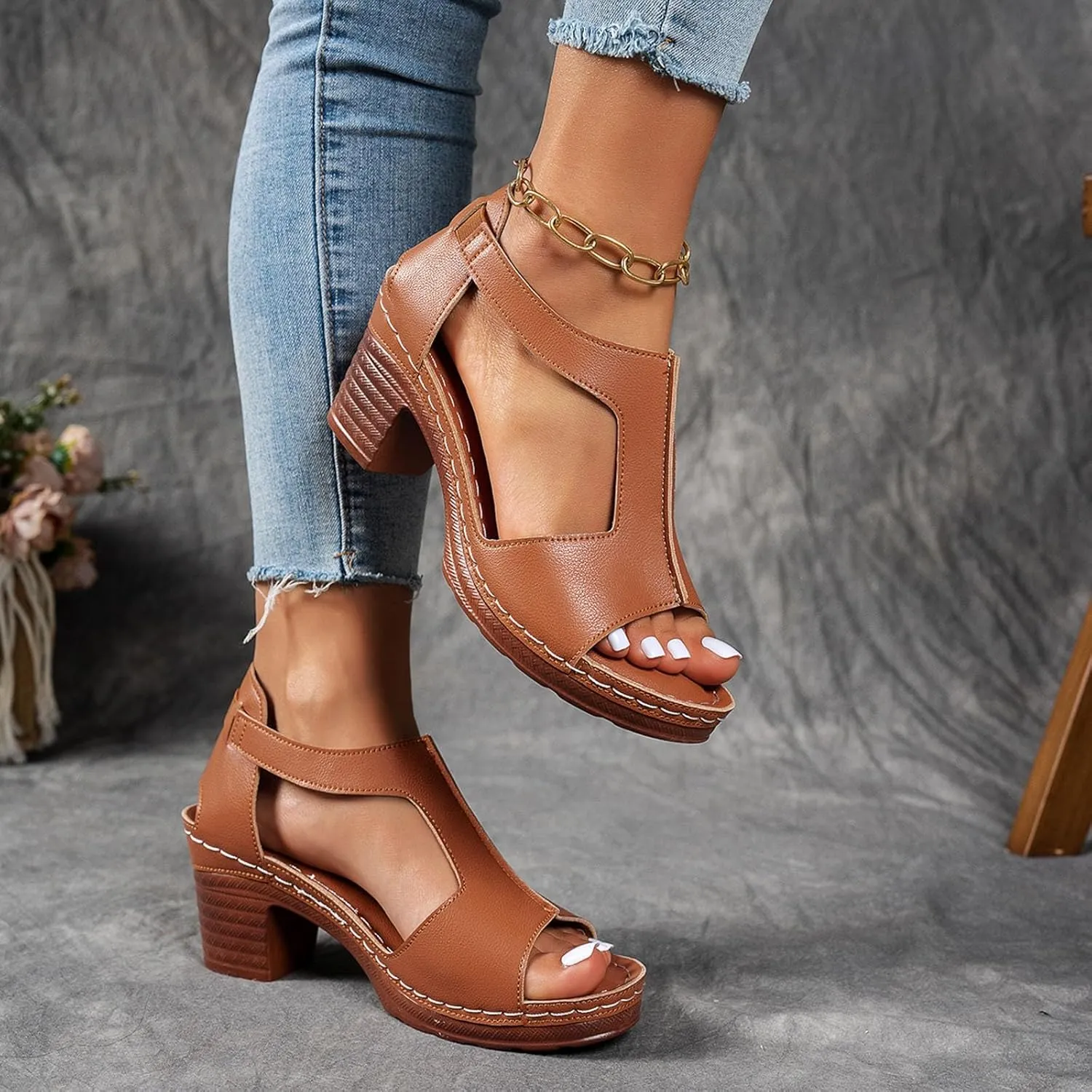 Chunky Heel for Women Dressy,Fashion Summer Side Hollow Block Heels Comfortable Open Toe Strappy Sandals Ankle Strap Stacked Platform Heels Slip On Mules Wedges Heels for Women Sandals