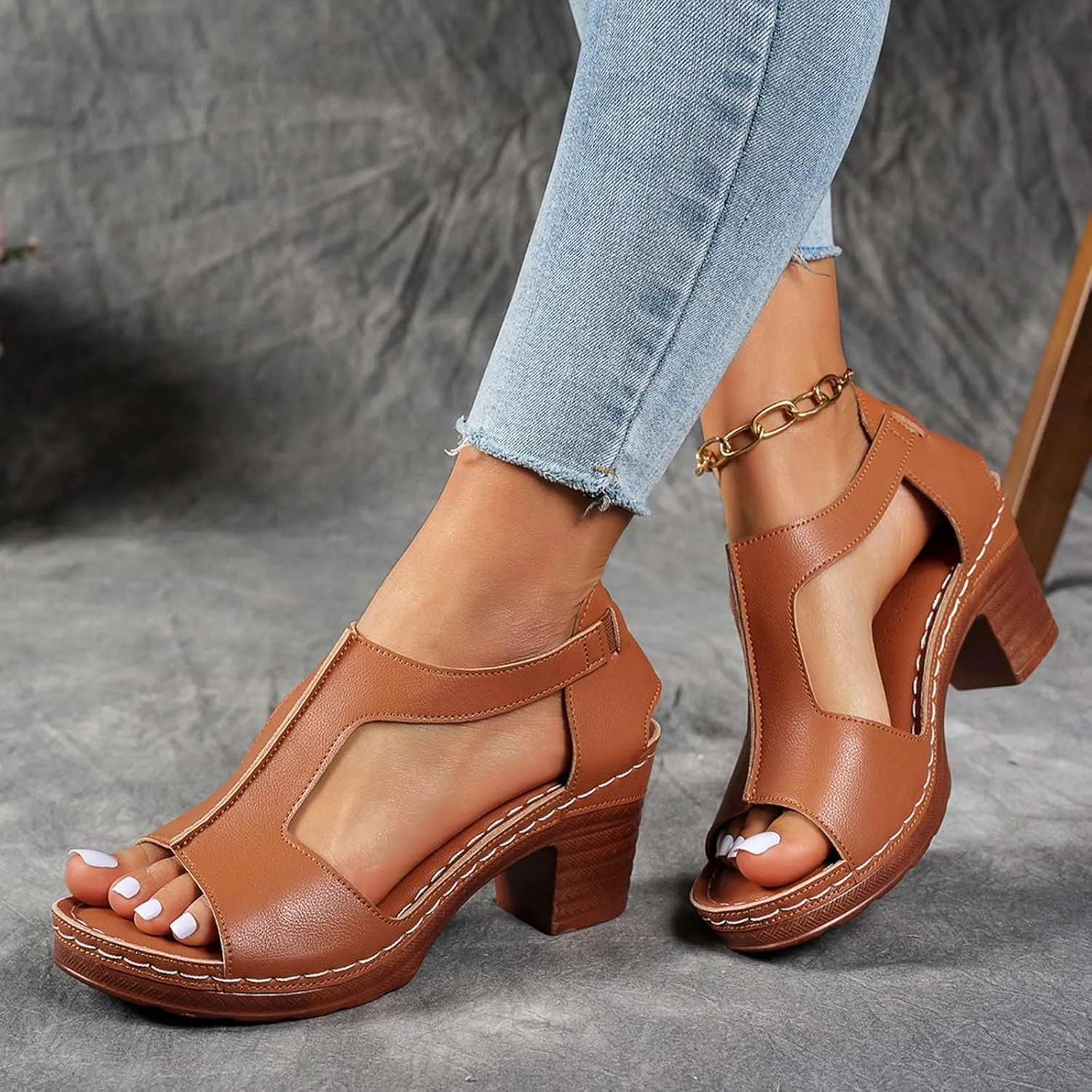 Chunky Heel for Women Dressy,Fashion Summer Side Hollow Block Heels Comfortable Open Toe Strappy Sandals Ankle Strap Stacked Platform Heels Slip On Mules Wedges Heels for Women Sandals