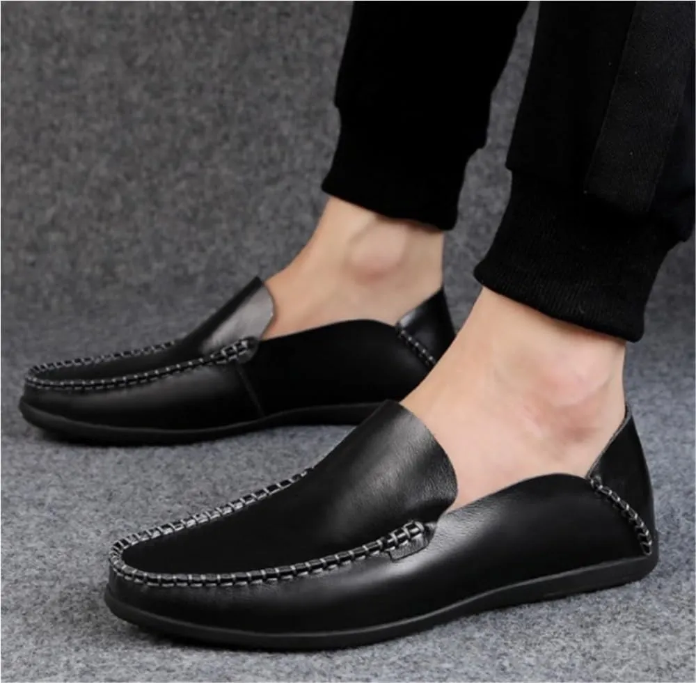Comfortable Lightweight Men's Loafers Shoes Genuine Leather Round Toe Stitching Details Classic Flexible Flat Heel