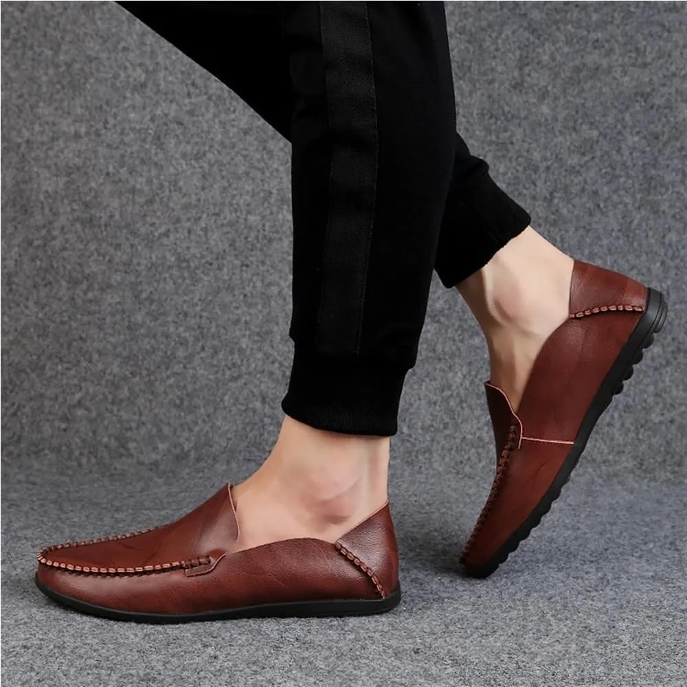 Comfortable Lightweight Men's Loafers Shoes Genuine Leather Round Toe Stitching Details Classic Flexible Flat Heel
