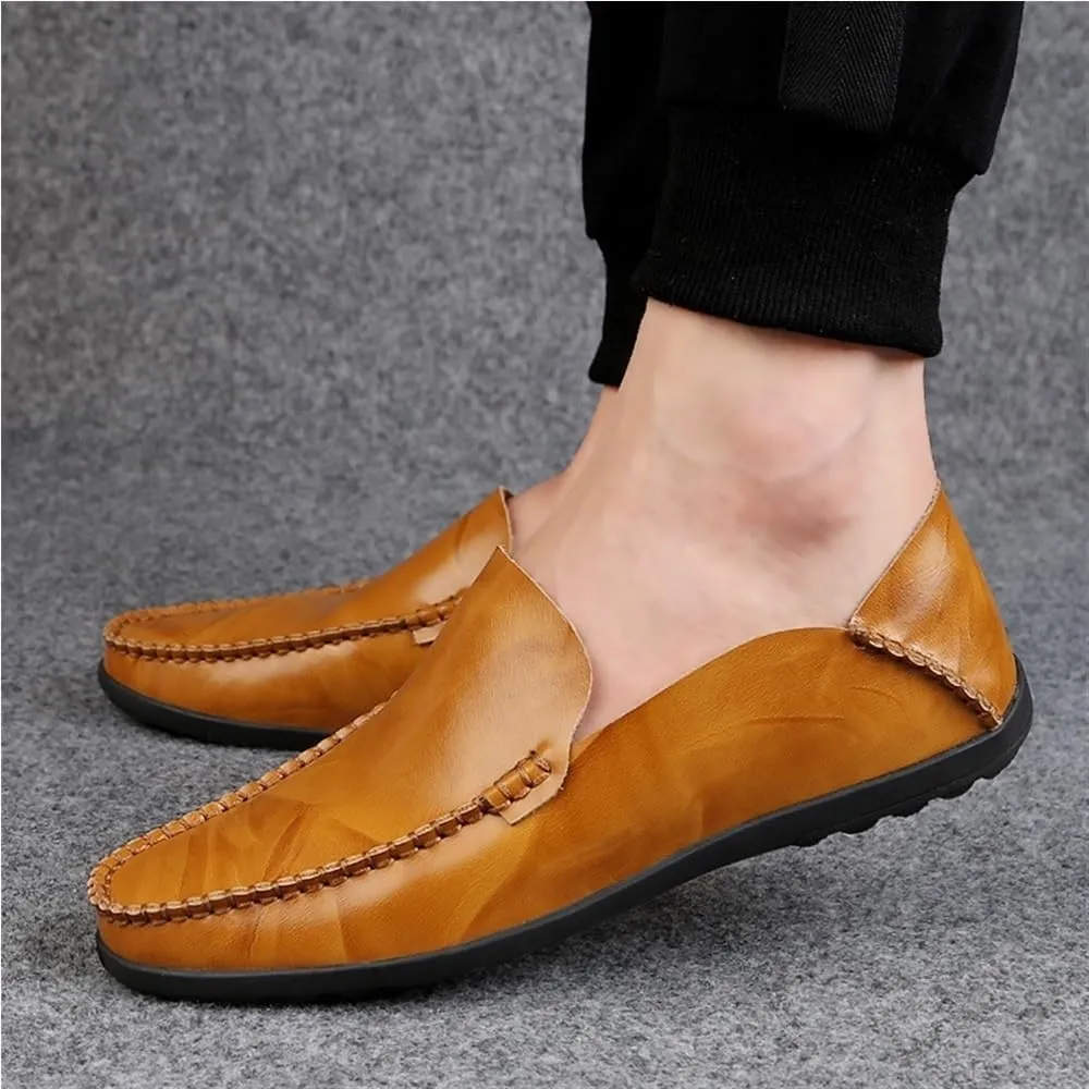 Comfortable Lightweight Men's Loafers Shoes Genuine Leather Round Toe Stitching Details Classic Flexible Flat Heel