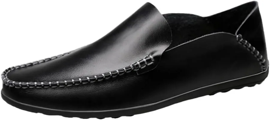 Comfortable Lightweight Men's Loafers Shoes Genuine Leather Round Toe Stitching Details Classic Flexible Flat Heel