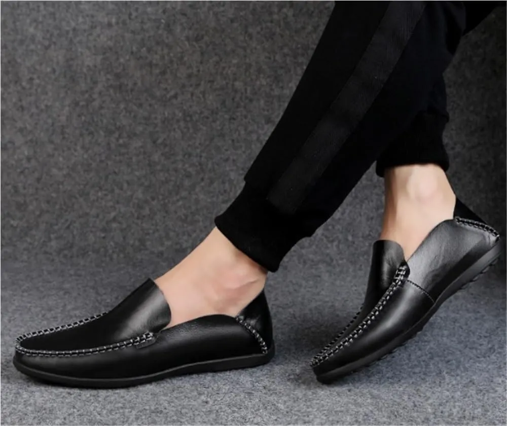 Comfortable Lightweight Men's Loafers Shoes Genuine Leather Round Toe Stitching Details Classic Flexible Flat Heel