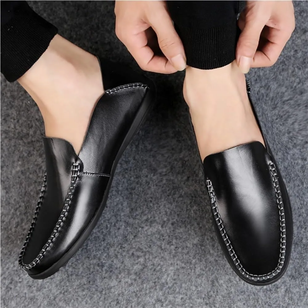 Comfortable Lightweight Men's Loafers Shoes Genuine Leather Round Toe Stitching Details Classic Flexible Flat Heel