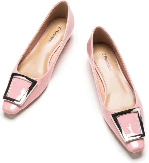 C.Paravano Women's Pumps Square Toe Low Heels Trapezoid Metal Buckle Closed Chunky Heel Dress Shoes Soft Leather Low Block Heels for Casual Outfits Patent Leather(Pink,9.5)