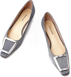 C.Paravano Women's Pumps Square Toe Low Heels Trapezoid Metal Buckle Closed Chunky Heel Dress Shoes Soft Leather Low Block Heels for Casual Outfits Satin(Darkgrey,6.5)