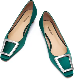 C.Paravano Women's Pumps Square Toe Low Heels Trapezoid Metal Buckle Closed Chunky Heel Dress Shoes Soft Leather Low Block Heels for Casual Outfits Satin(Green,11.5)