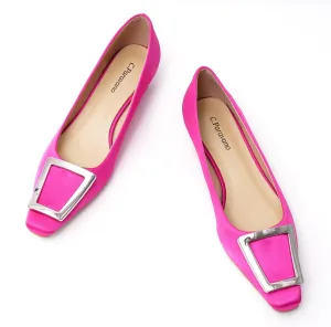 C.Paravano Women's Pumps Square Toe Low Heels Trapezoid Metal Buckle Closed Chunky Heel Dress Shoes Soft Leather Low Block Heels for Casual Outfits Satin(Hotpink,8.5)